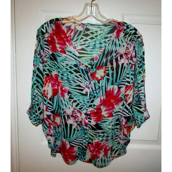Chiffon Tropical Floral Peek a Boo Sleeve Top Blouse - Picture 1 of 4